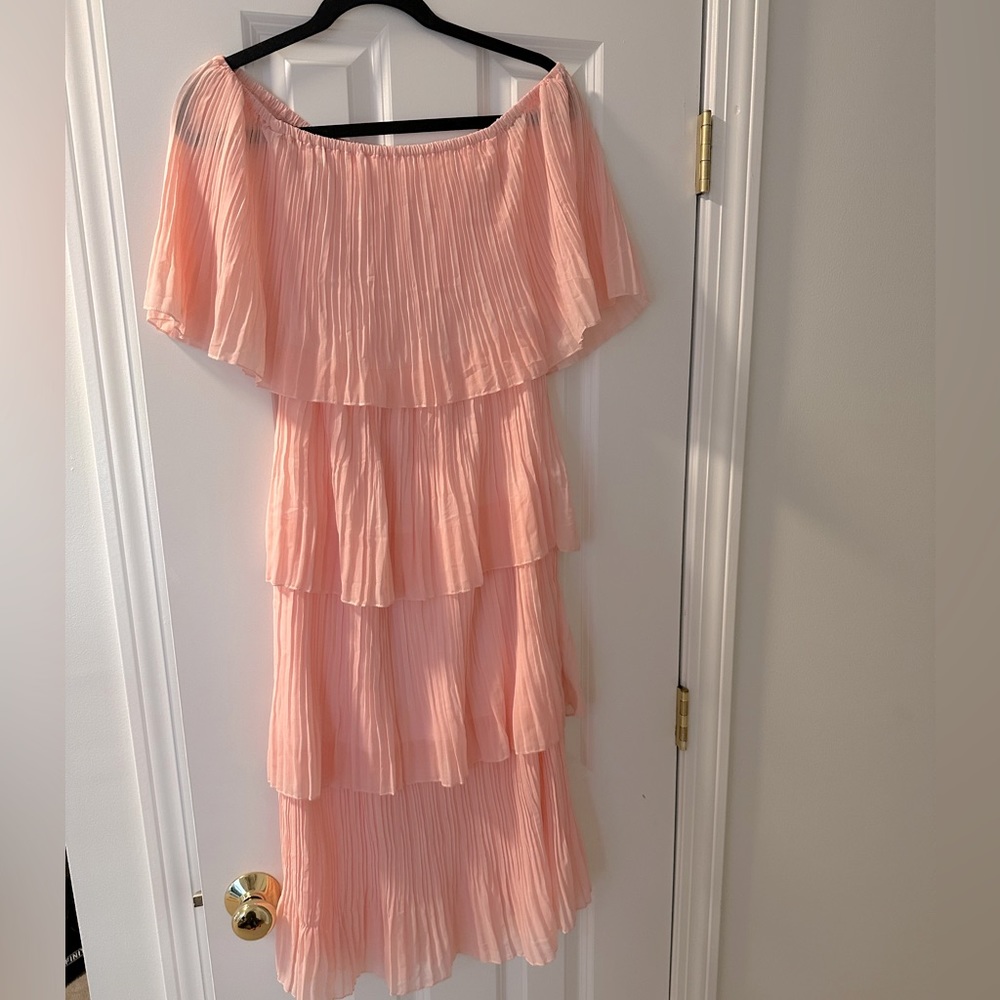 ETCYY Women's Off The Shoulder Ruffles Summer Loose Chiffon Dress - Pink- Small